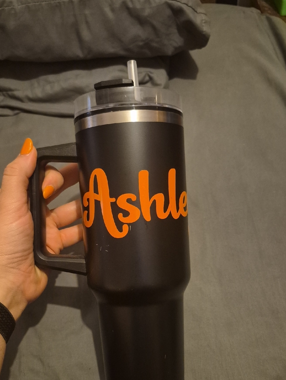 Black Tumbler with Orange Name-Ashley (Easily Removeable)
